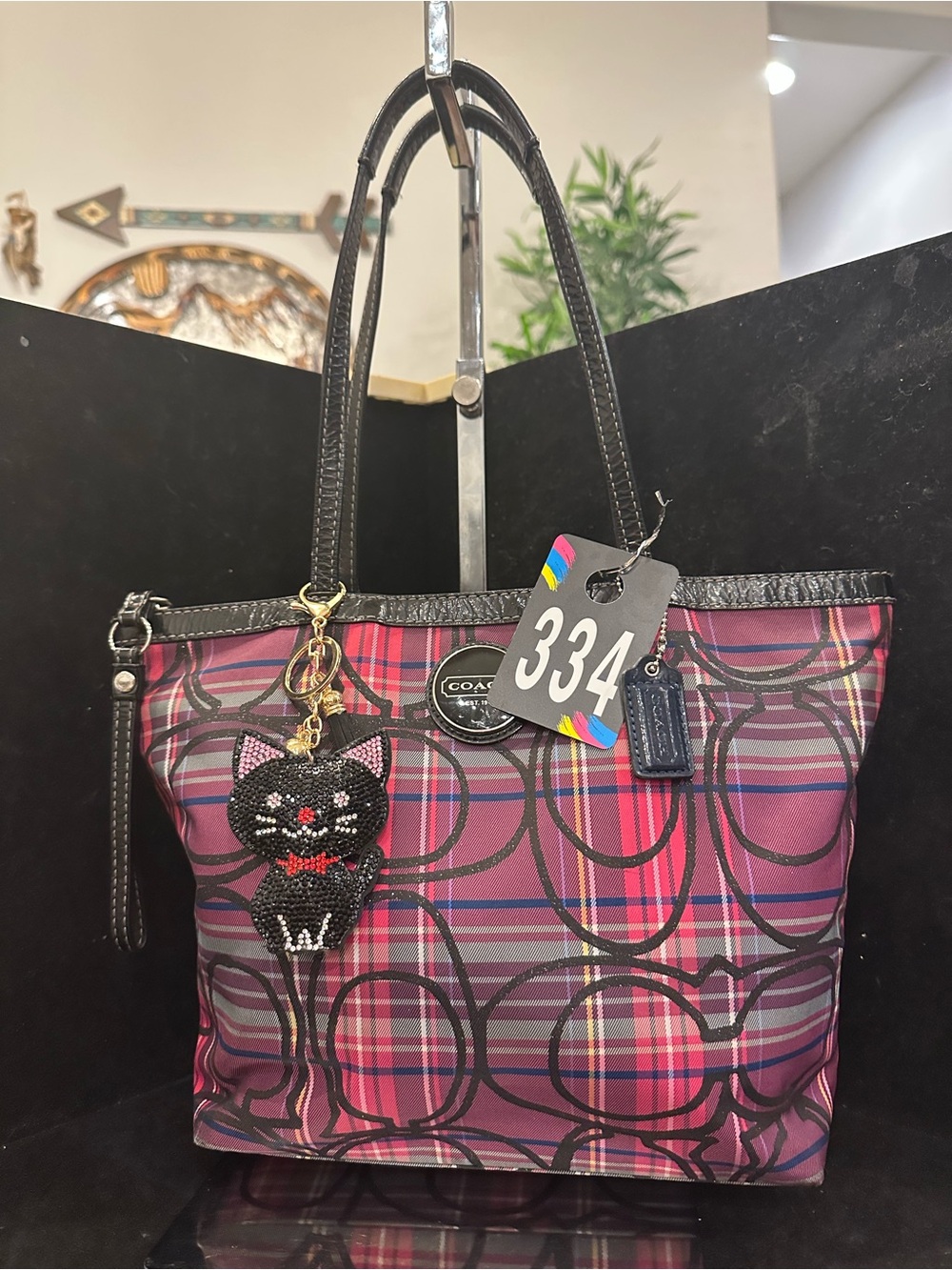 Coach#334 Coach Poppy Tartan Pink Plaid Signature Tote Bag with Black Trim